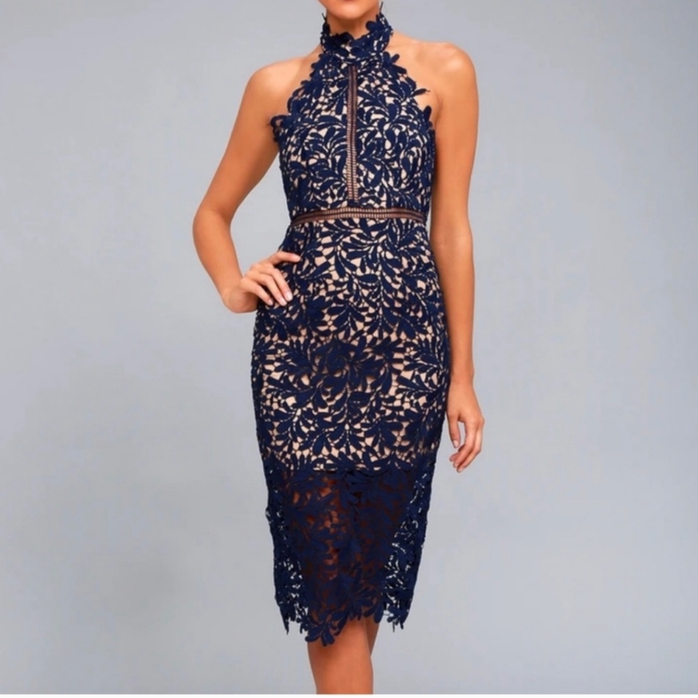 Divine Destiny Navy Blue Lace Midi Dress